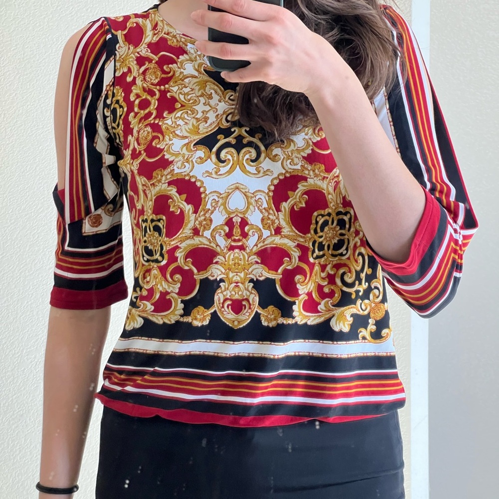 Eva Varro Red and Gold Baroque Print Blouse